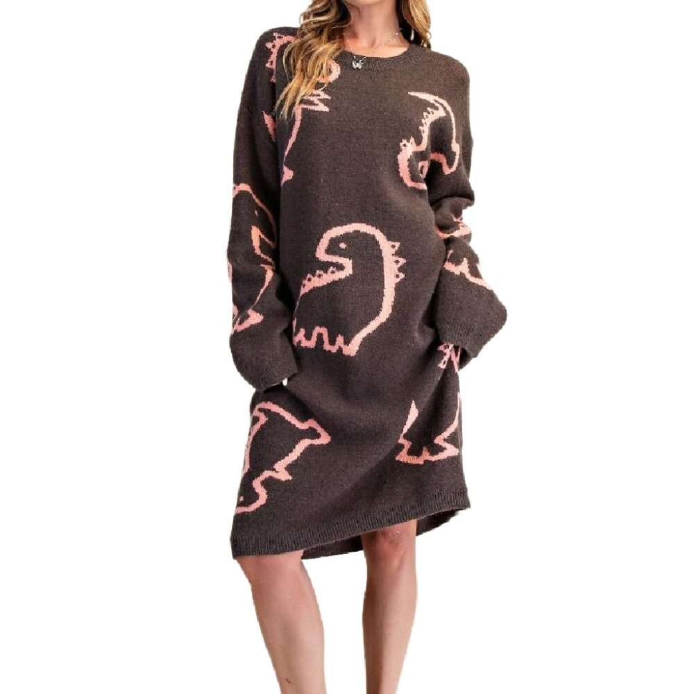 NWT- Women's Dinosaur Patter Sweater Dress, Ash